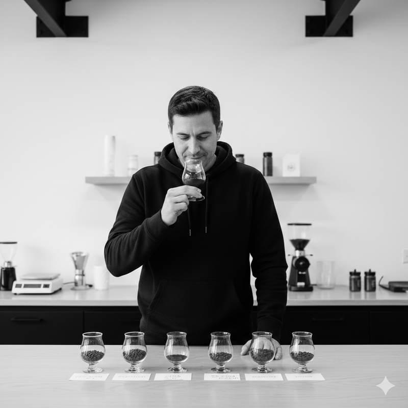 Man testing and tasting single origin coffees